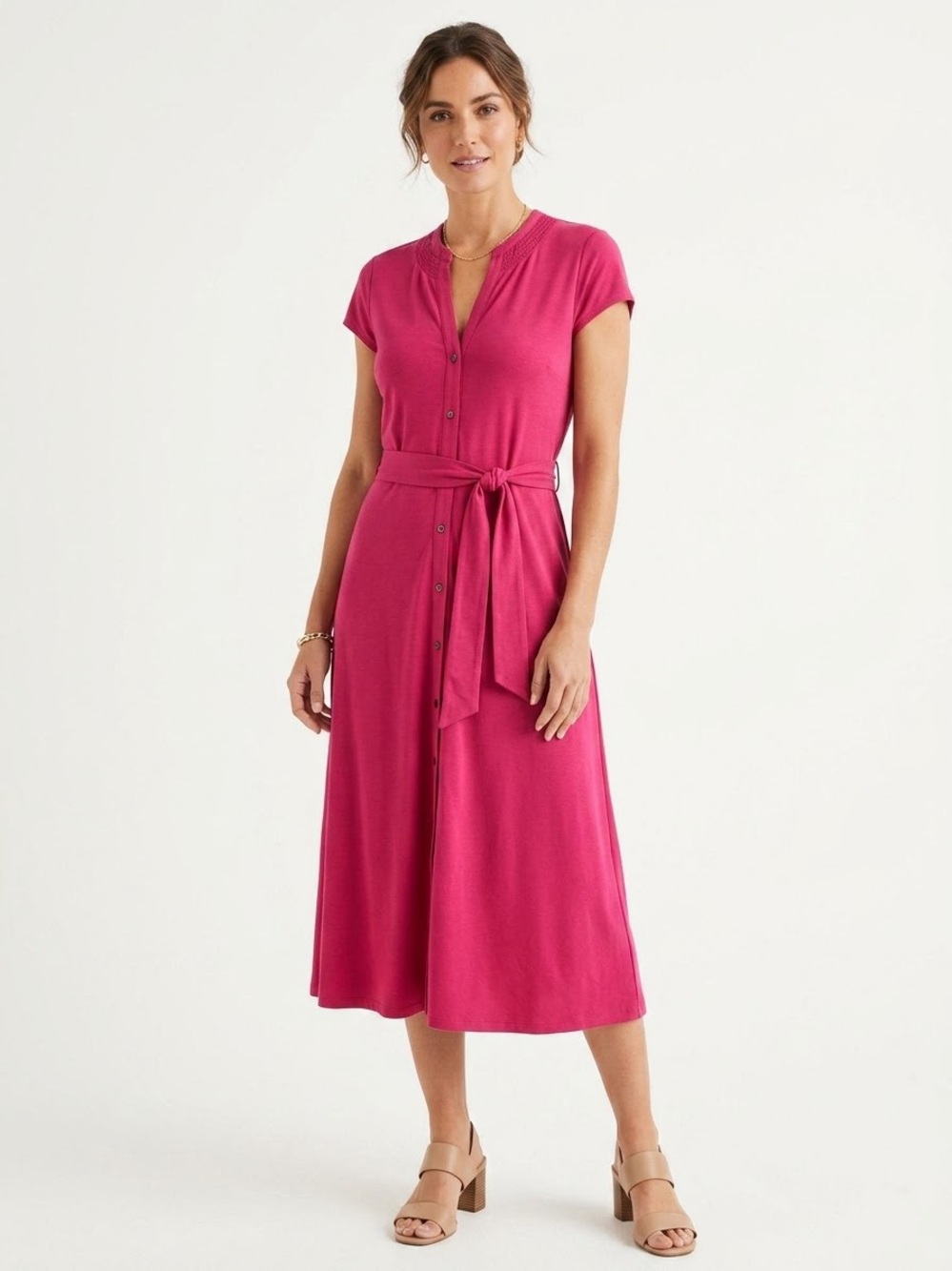 Boden Pink Cap Sleeve Smocked V-Neck Belted Midi Dress Pickets Sz 10R NWT